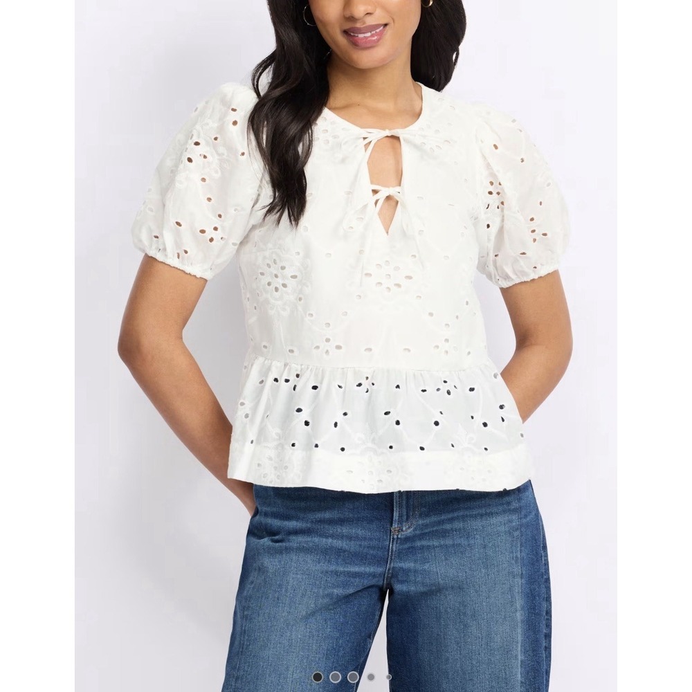 CeCe White Eyelet Tie Puff Balloon Sleeve Blouse Cottagecore Peplum Sz-L NWOT‎